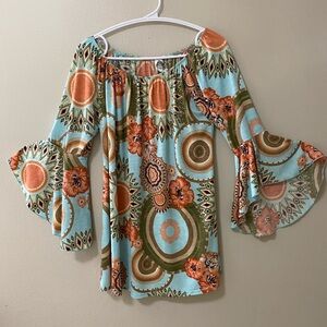 Honeyme blouse womens small boho blue geometric floral festival hippie shirt